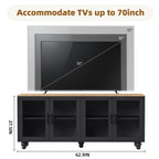 ON-TREND Farmhouse TV Stand With Solid Wood Gourd-Shaped Legs For TVs Up To 70, Entertainment Center With Bookshelves & Tempered Glass Doors, Media Console With Adjustable Shelves, Living Room, Black