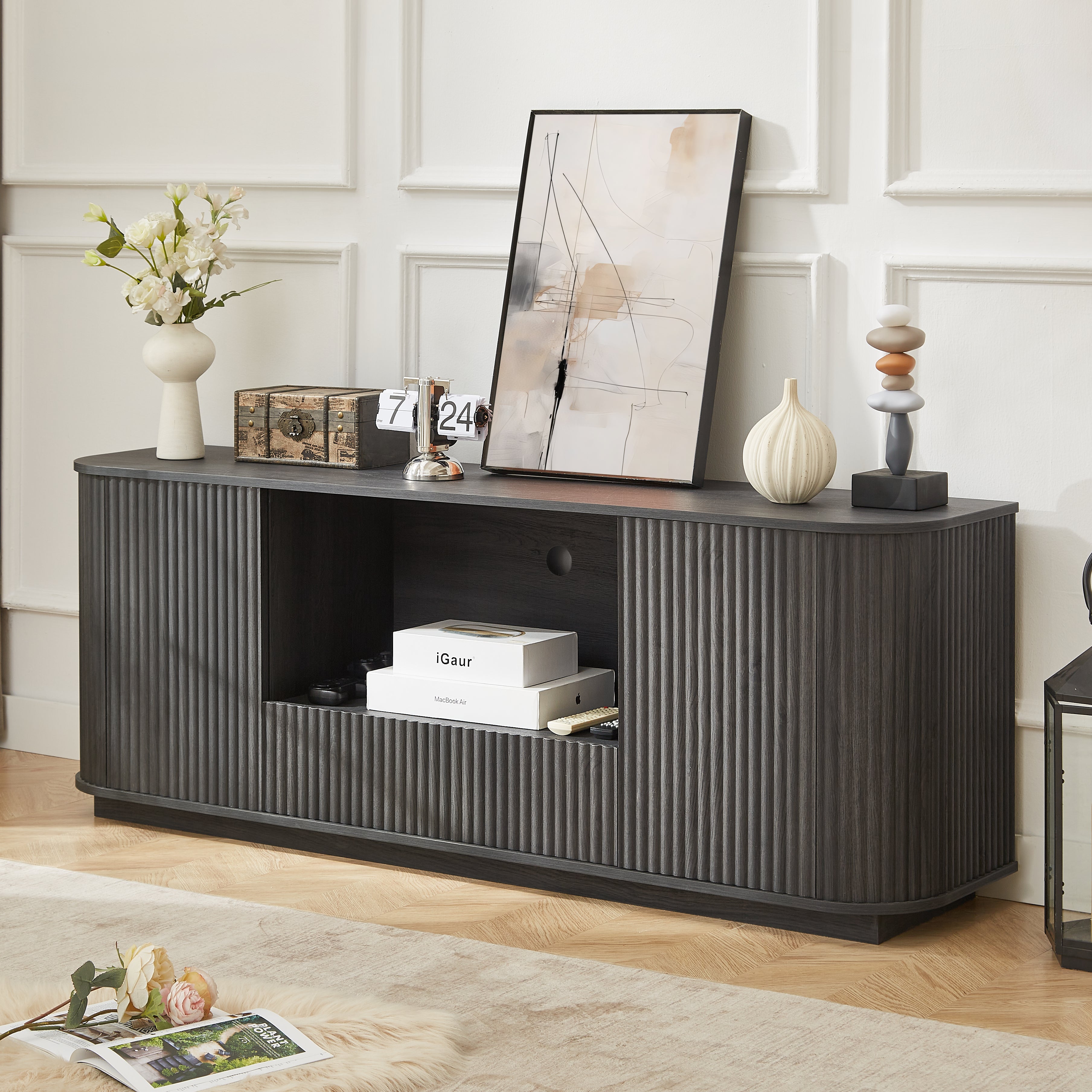 64 Inch Wavy TV Stand, Rounded Sideboard, Storage Cabinet  Wooden Vertical Stripe Cabinet For Living Room Bedroom Entryway Black,64W X 15D X 24H.