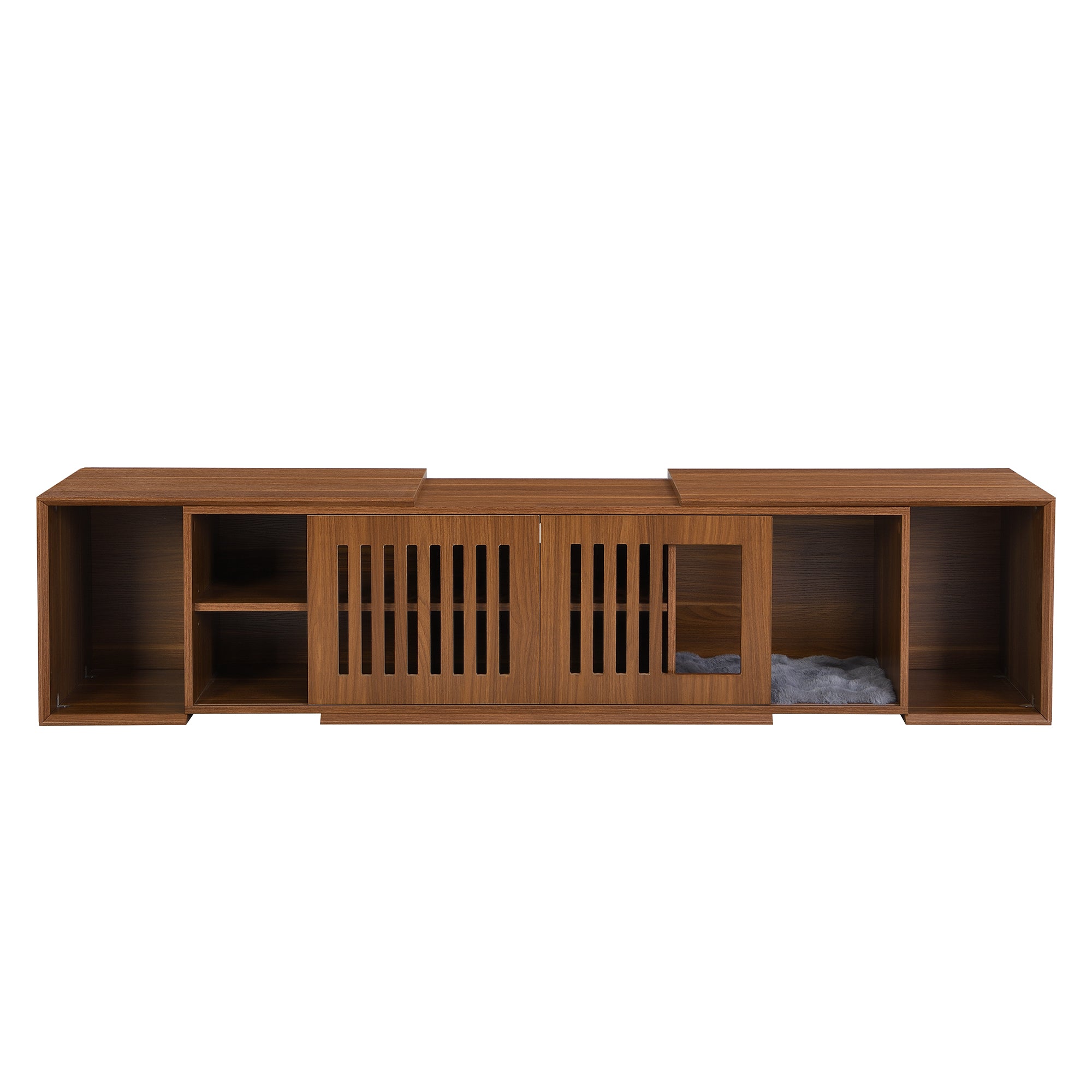 Mid-Century Modern 54.3 Extendable TV Stand Up To  With Cat House  Litter Box Enclosure  Walnut Wood Entertainment Center, Sliding Doors, Hidden Pet Furniture