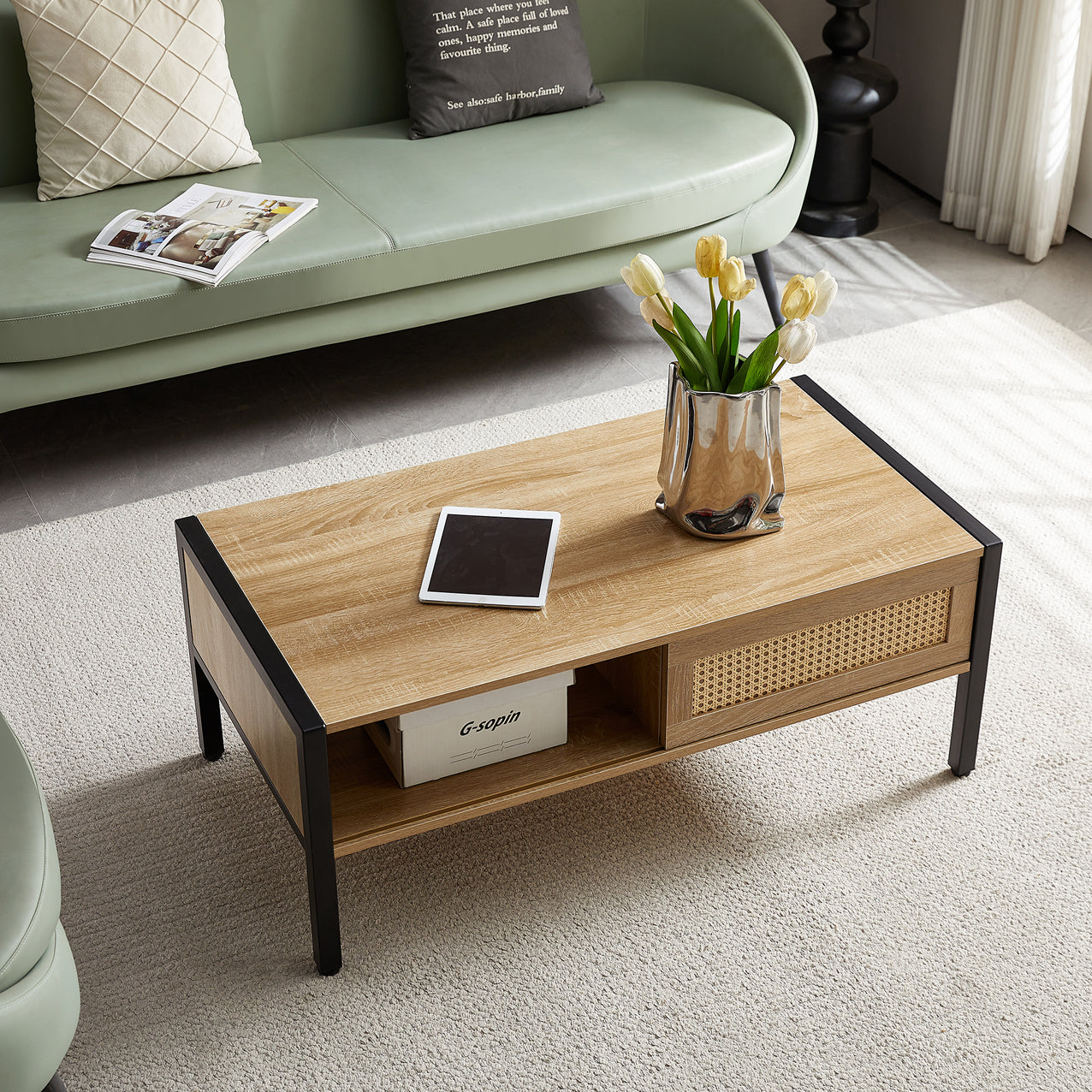 Rattan Coffee Table Metal Legs Modern Table Sliding Door For Storage