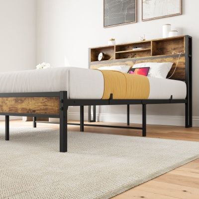 Full Size Bed Frame With Storage Headboard, Metal Platform Bed With Charging Station, Bookcase Storage, No Box Spring Needed, Easy Assembly, Noise-Free, Black