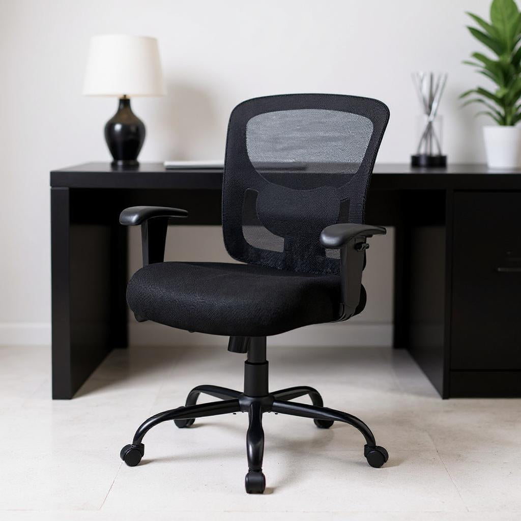 Black Fabric Mesh and Steel Adjustable Swivel Rolling Executive Office Chair