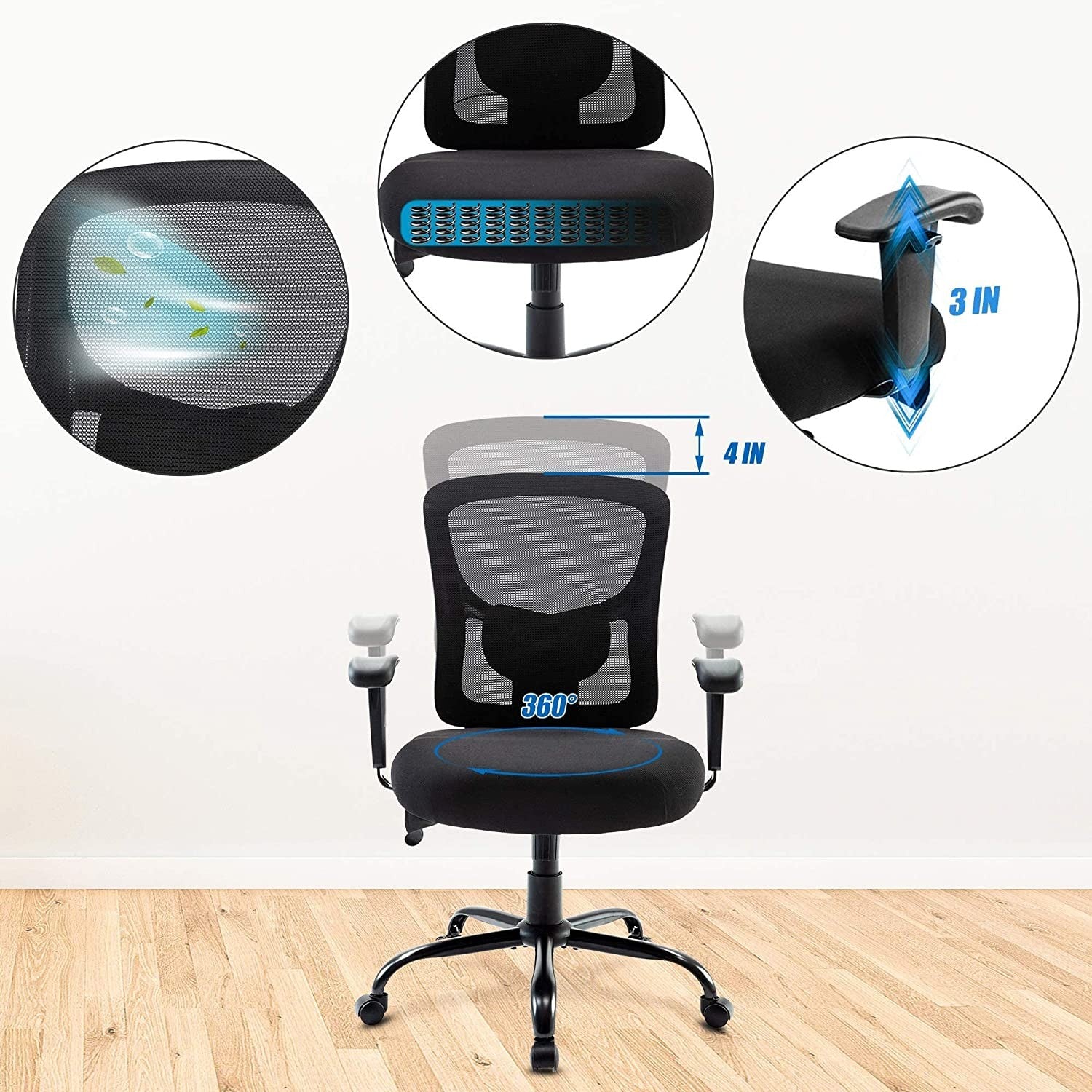 Black Fabric Mesh and Steel Adjustable Swivel Rolling Executive Office Chair