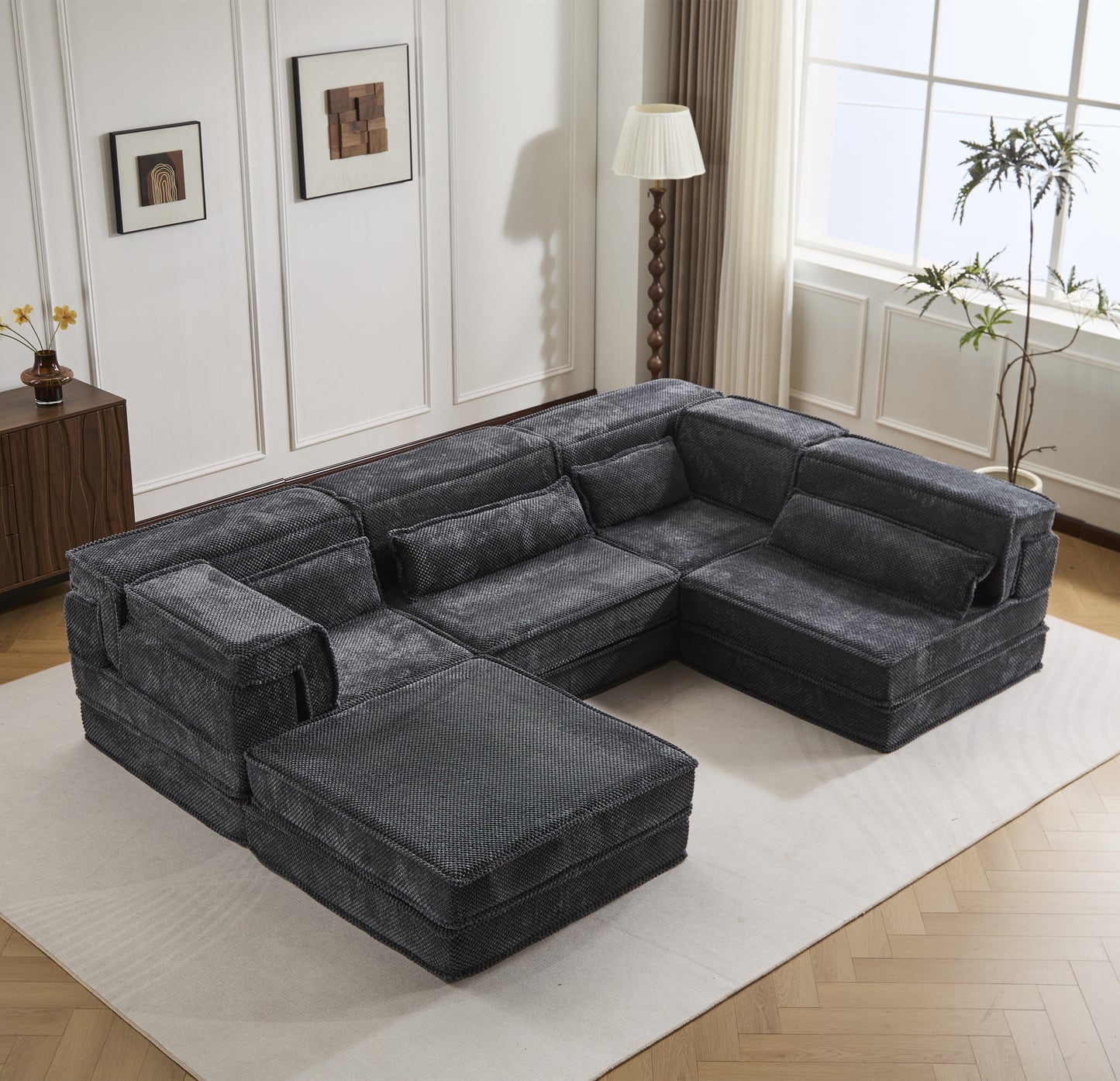 Compression Mahjong Sofa,Convertible Floor Sofa Bed,DIY Boneless Modular Sectional Sofa,No Assembly Required,Circle Fleece Fabric,Oversized 4 Seater With 1 Ottoman,Dark-grey