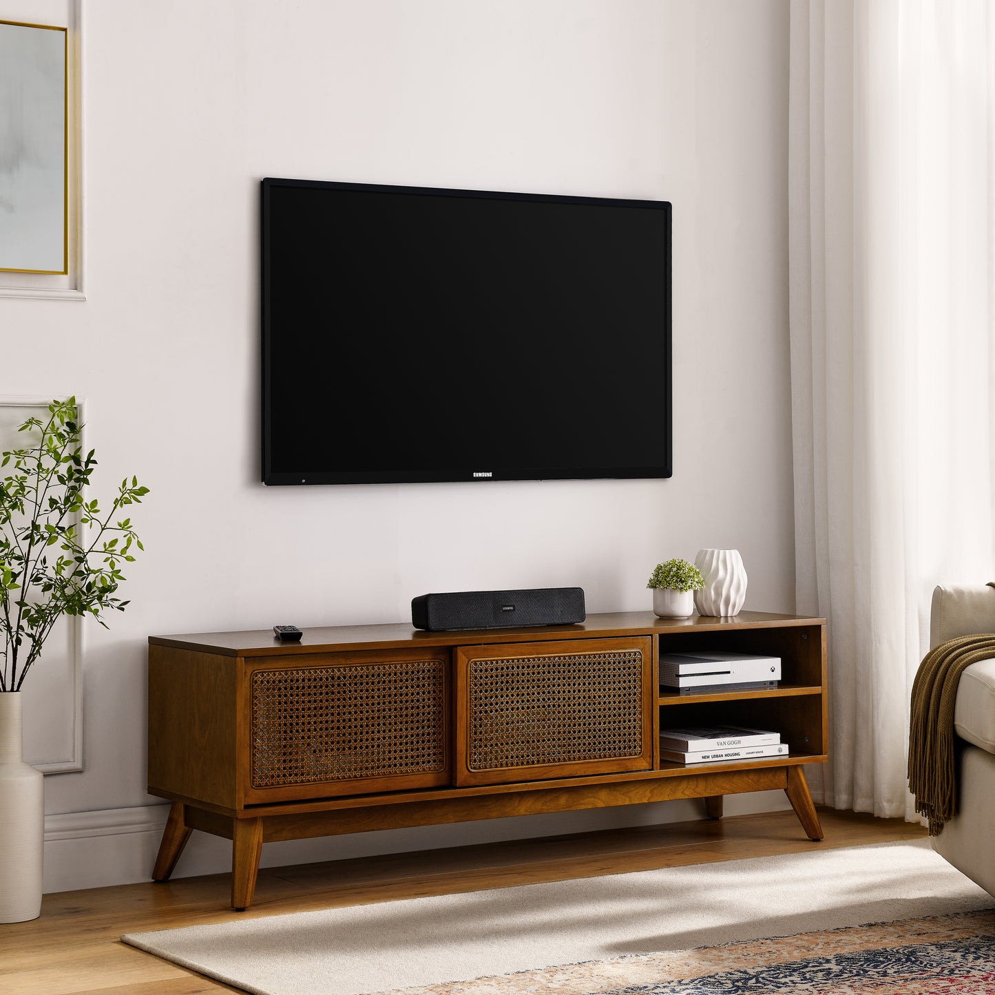 59 Inch Mid Century Modern Rattan TV Stand For 65 Inch TV, Entertainment Cabinet, Media Console For Living Room Media Room, Solid Wood Feet & Rattan Cabinet Doors - Light Wood