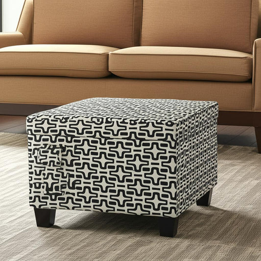 25" Black And White Polyester Blend And Black Geometric Storage