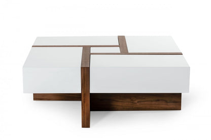 39" Brown and White Wood Square Solid Coffee Table With Four Drawers