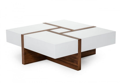 39" Brown and White Wood Square Solid Coffee Table With Four Drawers