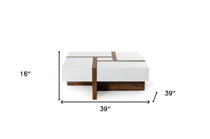 39" Brown and White Wood Square Solid Coffee Table With Four Drawers