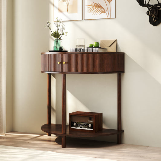 Artisan-Crafted Wave-Pattern Demi-Lune Console Table With Brown Woodgrain,Unique Half Moon Design End Table With 2 Storage Drawers And Bottom Shelf For Living Room, Bedroom, Study, Hallway