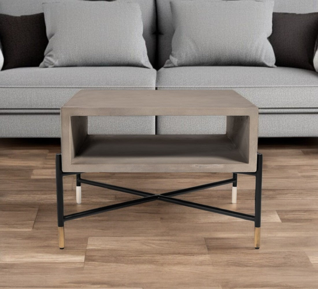 25" Gray and Black Concrete And Metal Square Coffee Table With Shelf