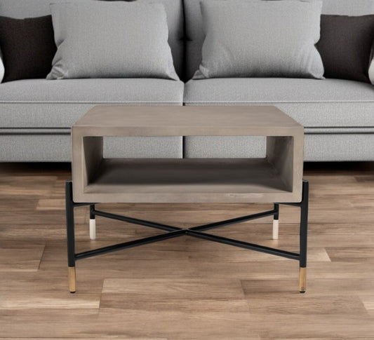 25" Gray and Black Concrete And Metal Square Coffee Table With Shelf