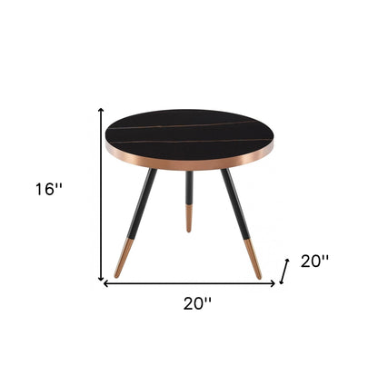 20" Black and Gold Faux Marble And Metal Round Coffee Table