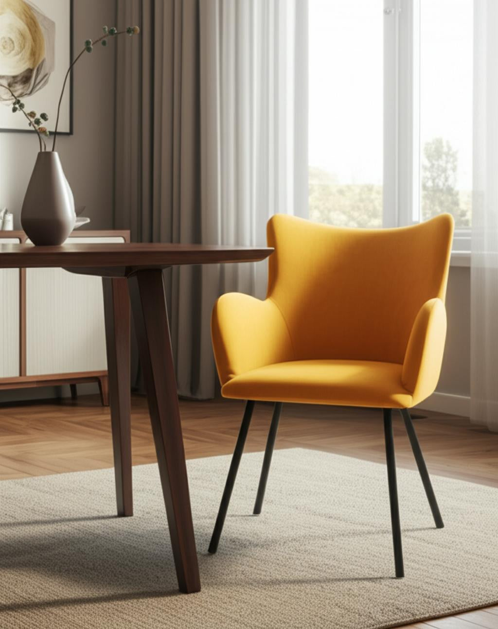 Yellow and Black Upholstered Velvet Wing Back Dining Arm Chair