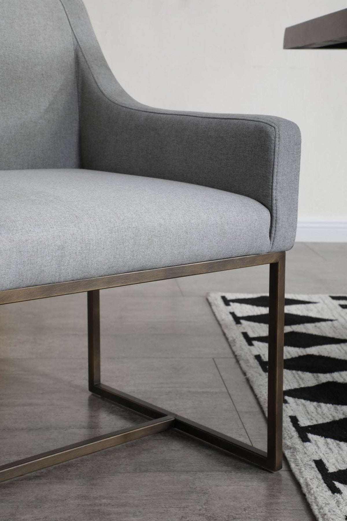 Gray and Antiqued Brass Upholstered Fabric Dining Arm Chair