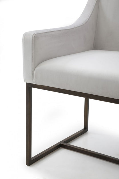 Beige and Antiqued Brass Upholstered Fabric Dining Arm Chair