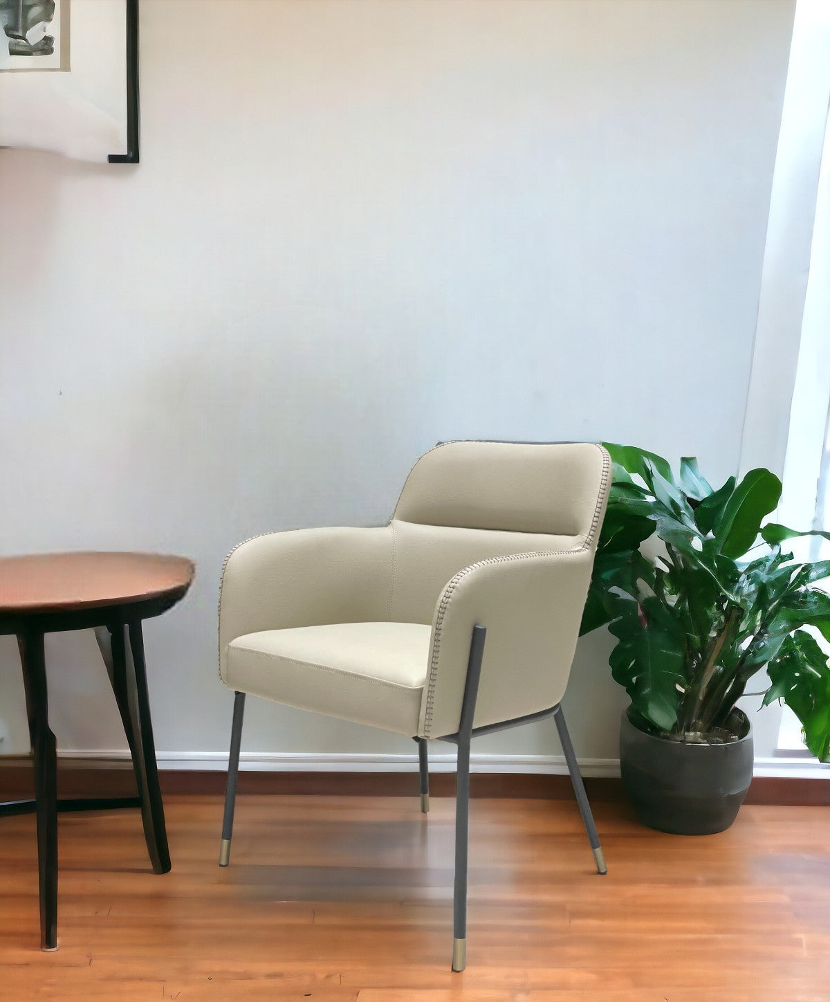 Gray and Black Upholstered Faux Leather Slat Back Dining Arm Chair