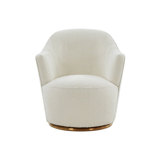 29" White And Gold Upholstered Swivel Barrel Chair