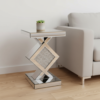24" Silver Mirrored Glass And Faux Crystals End Table