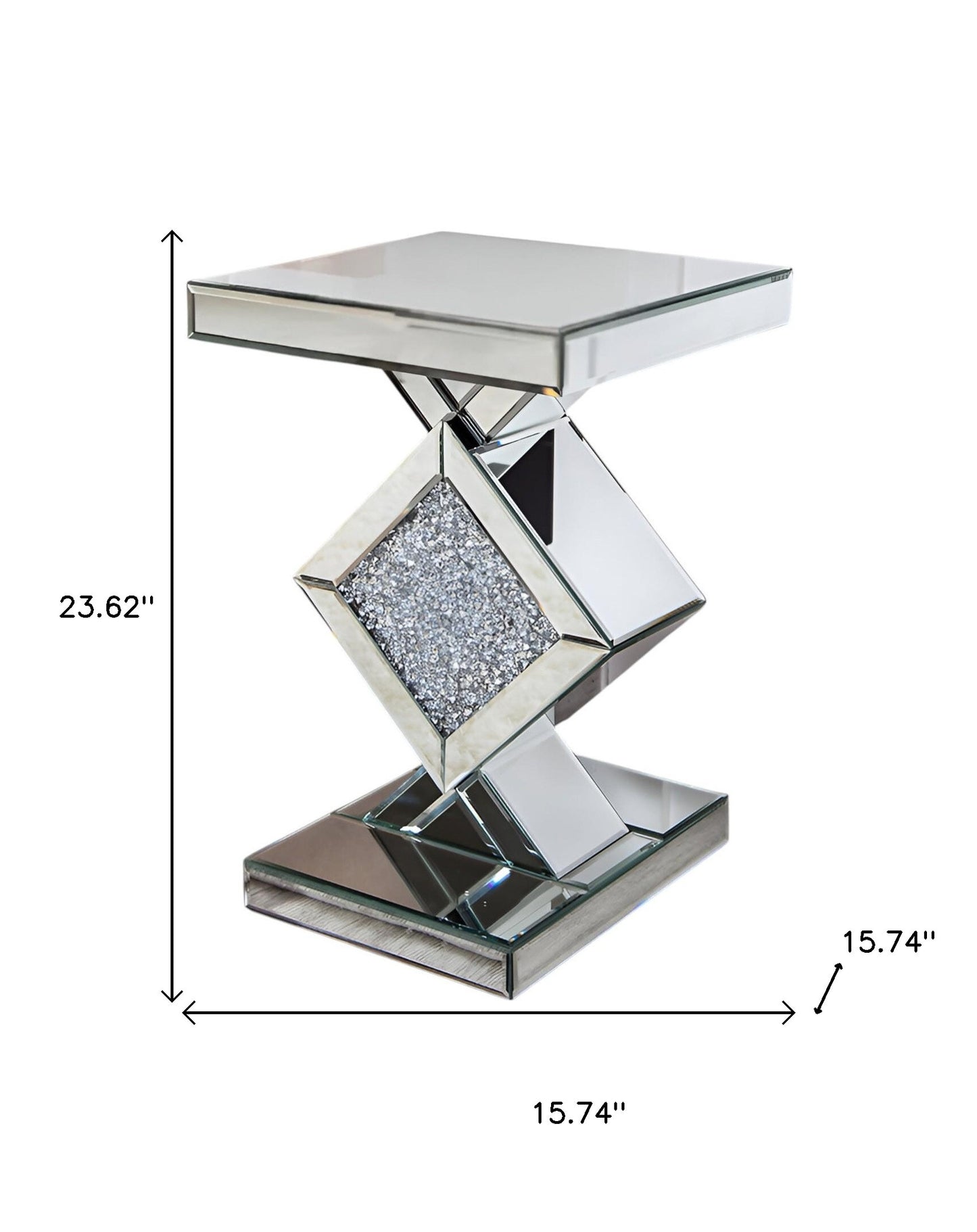 24" Silver Mirrored Glass And Faux Crystals End Table