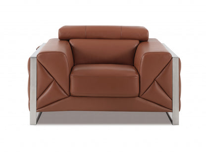 48" Camel And Silver Italian Leather Arm Chair