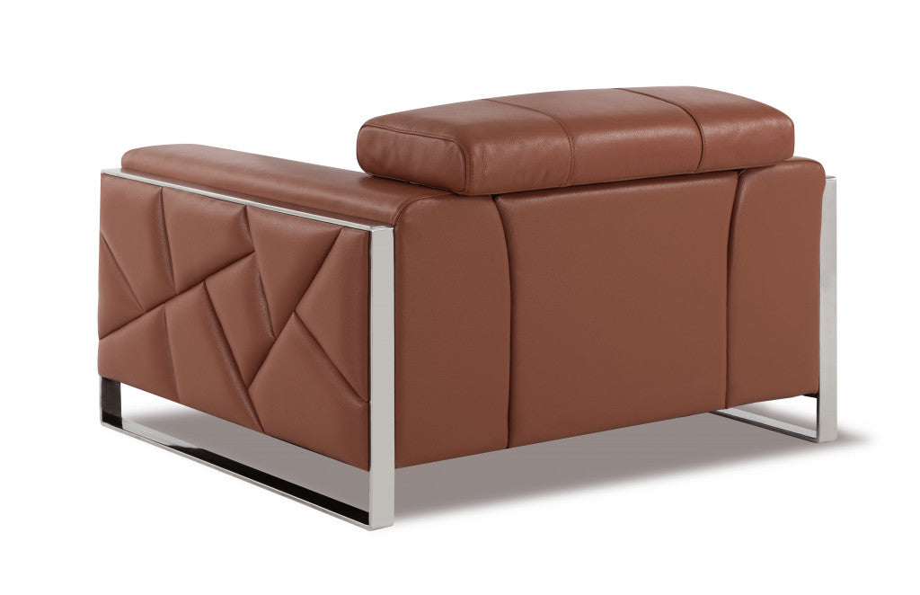 48" Camel And Silver Italian Leather Arm Chair