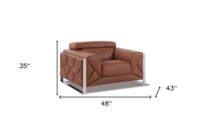 48" Camel And Silver Italian Leather Arm Chair