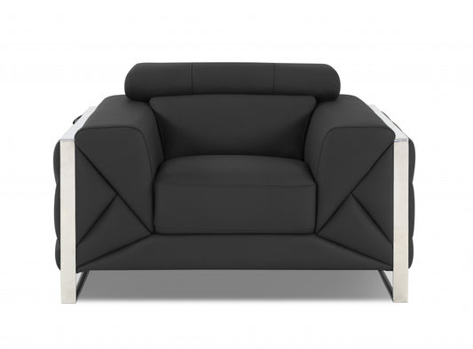 48" Dark Slate Gray And White Italian Leather Arm Chair