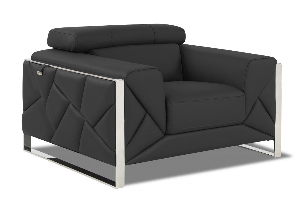 48" Dark Slate Gray And White Italian Leather Arm Chair