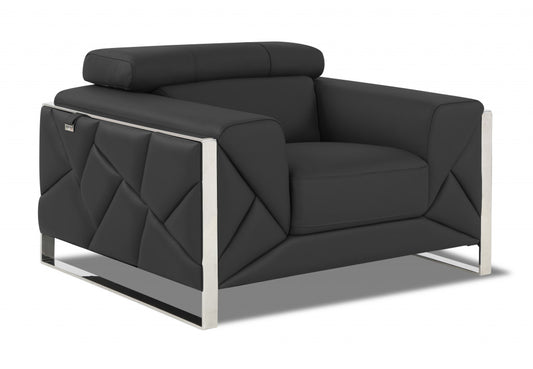 48" Dark Slate Gray And White Italian Leather Arm Chair