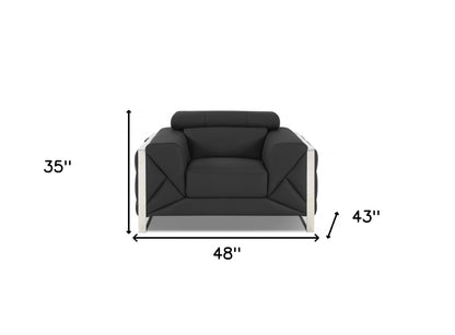 48" Dark Slate Gray And White Italian Leather Arm Chair