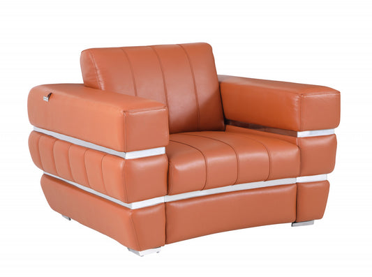 48" Camel And Silver Italian Leather Arm Chair