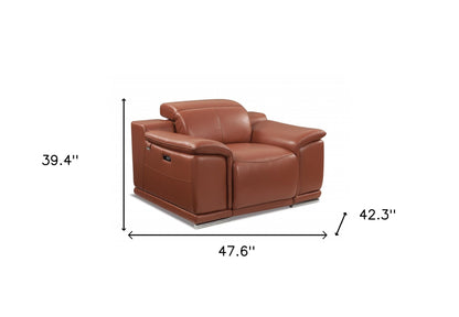 48" Camel And Silver Italian Leather Arm Chair