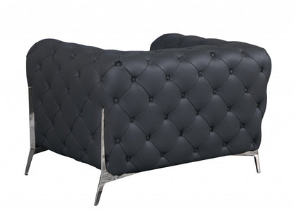 45" Dark Slate Gray And White Italian Leather Arm Chair