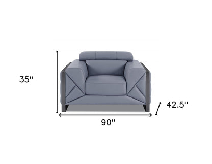 Three Piece Indoor Light Blue Italian Leather Six Person Seating Set