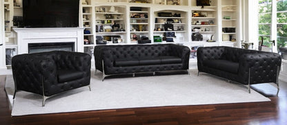 Three Piece Indoor Black Italian Leather Six Person Seating Set