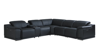 Black Italian Leather Power Reclining U Shaped Six Piece Corner Sectional With Console