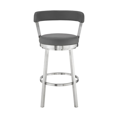 26" Gray And Silver Iron Swivel Backless Counter Height Bar Chair
