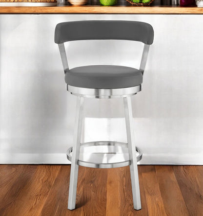 26" Gray And Silver Iron Swivel Backless Counter Height Bar Chair
