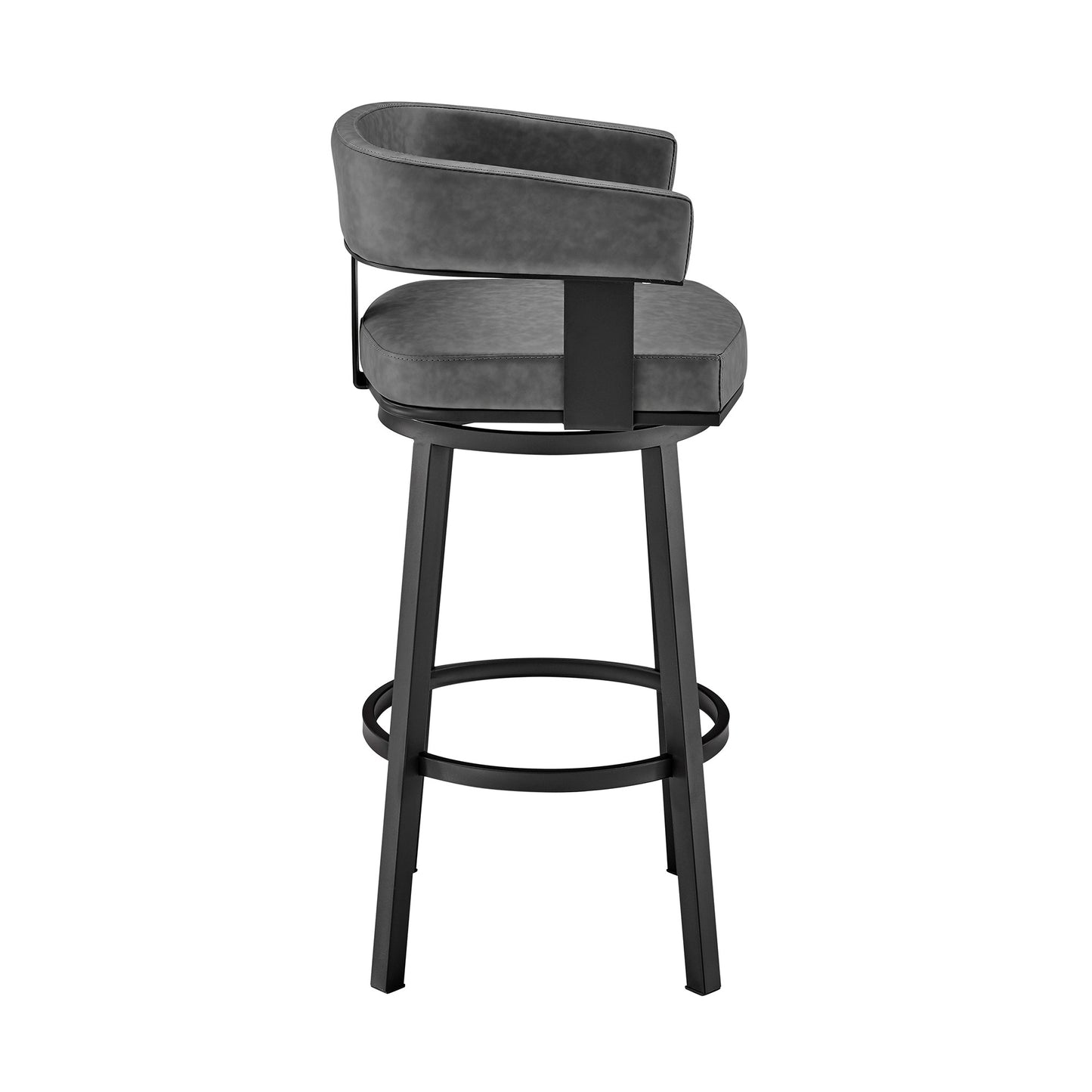 30" Gray and Black Faux Leather and Iron Low Back Bar Height Swivel Bar Chair