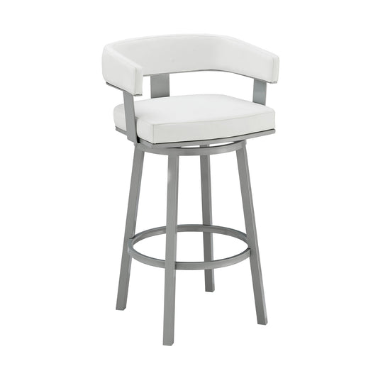 26" White and Gray Faux Leather and Iron Low Back Counter Height Swivel Bar Chair