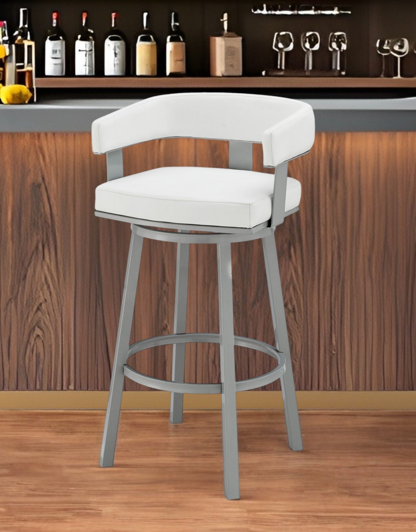 26" White and Gray Faux Leather and Iron Low Back Counter Height Swivel Bar Chair