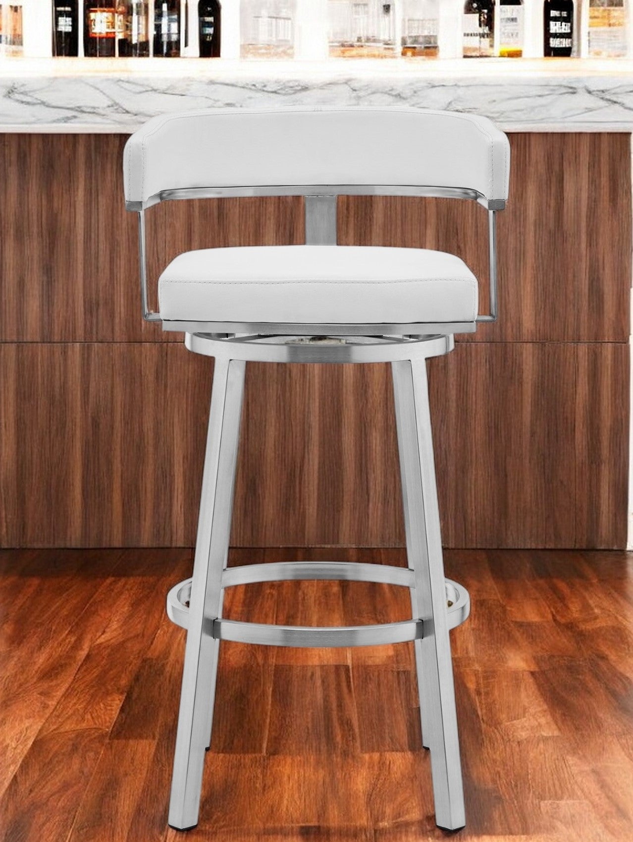 30" White and Silver Faux Leather Stainless Steel Low Back Bar Height Swivel Bar Chair