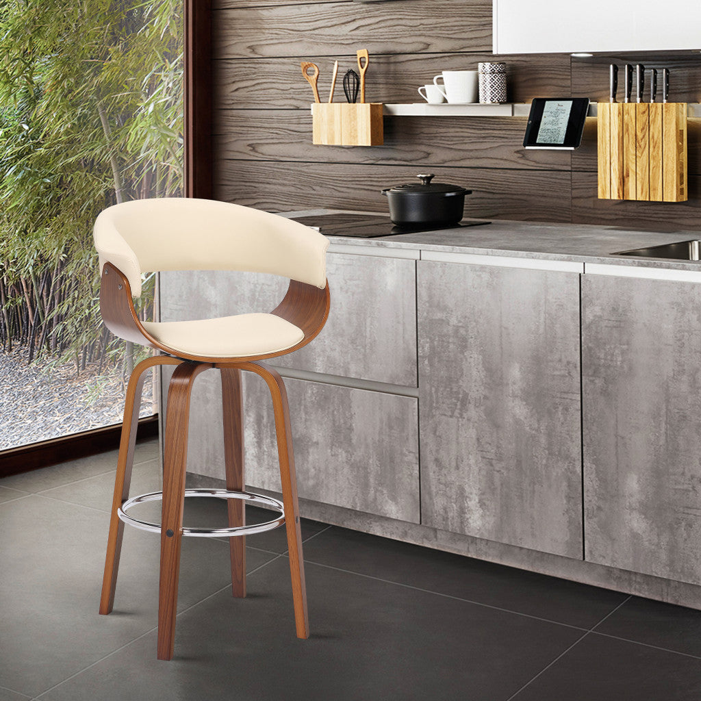 27" Cream and Brown Faux Leather and Solid Wood Low Back Counter Height Swivel Bar Chair