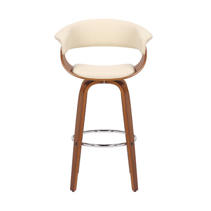 27" Cream and Brown Faux Leather and Solid Wood Low Back Counter Height Swivel Bar Chair