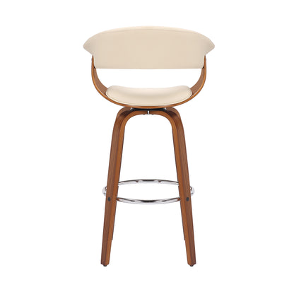 27" Cream and Brown Faux Leather and Solid Wood Low Back Counter Height Swivel Bar Chair