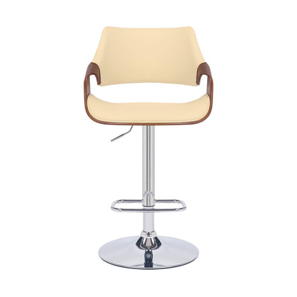 Cream and Silver Faux Leather Iron And Wood Adjustable Height Swivel Bar Chair