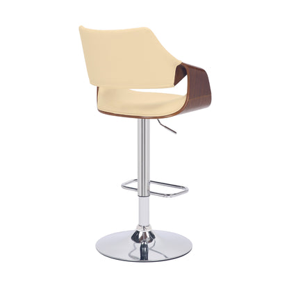 Cream and Silver Faux Leather Iron And Wood Adjustable Height Swivel Bar Chair