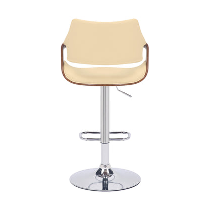 Cream and Silver Faux Leather Iron And Wood Adjustable Height Swivel Bar Chair