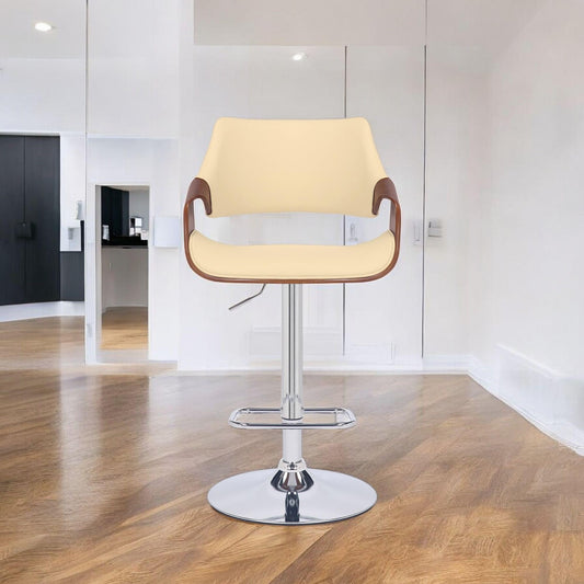 Cream and Silver Faux Leather Iron And Wood Adjustable Height Swivel Bar Chair